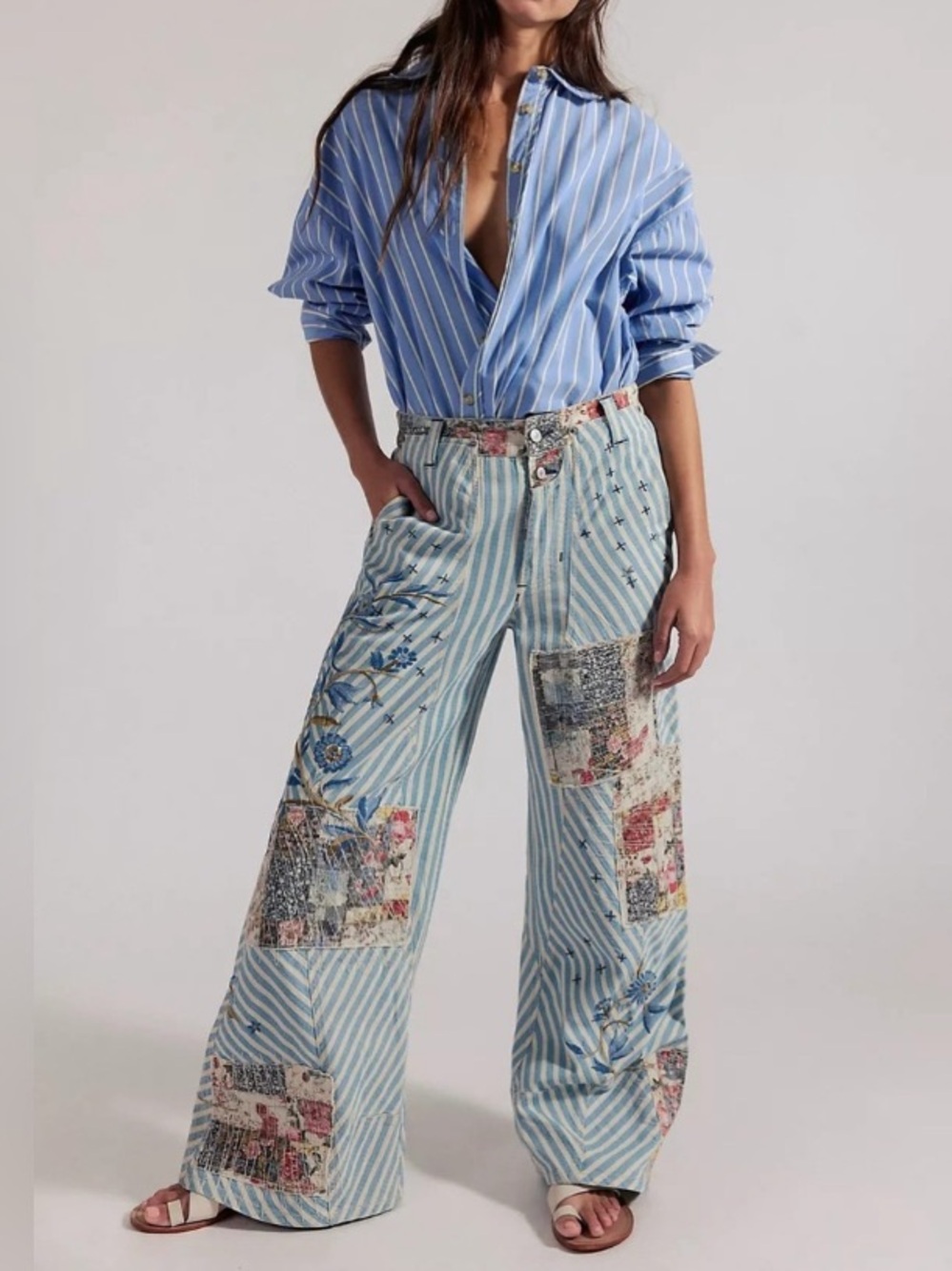 Free People Runyon Patched Craft Striped Patchwork Wide-Leg Pants - Size 14- NWT